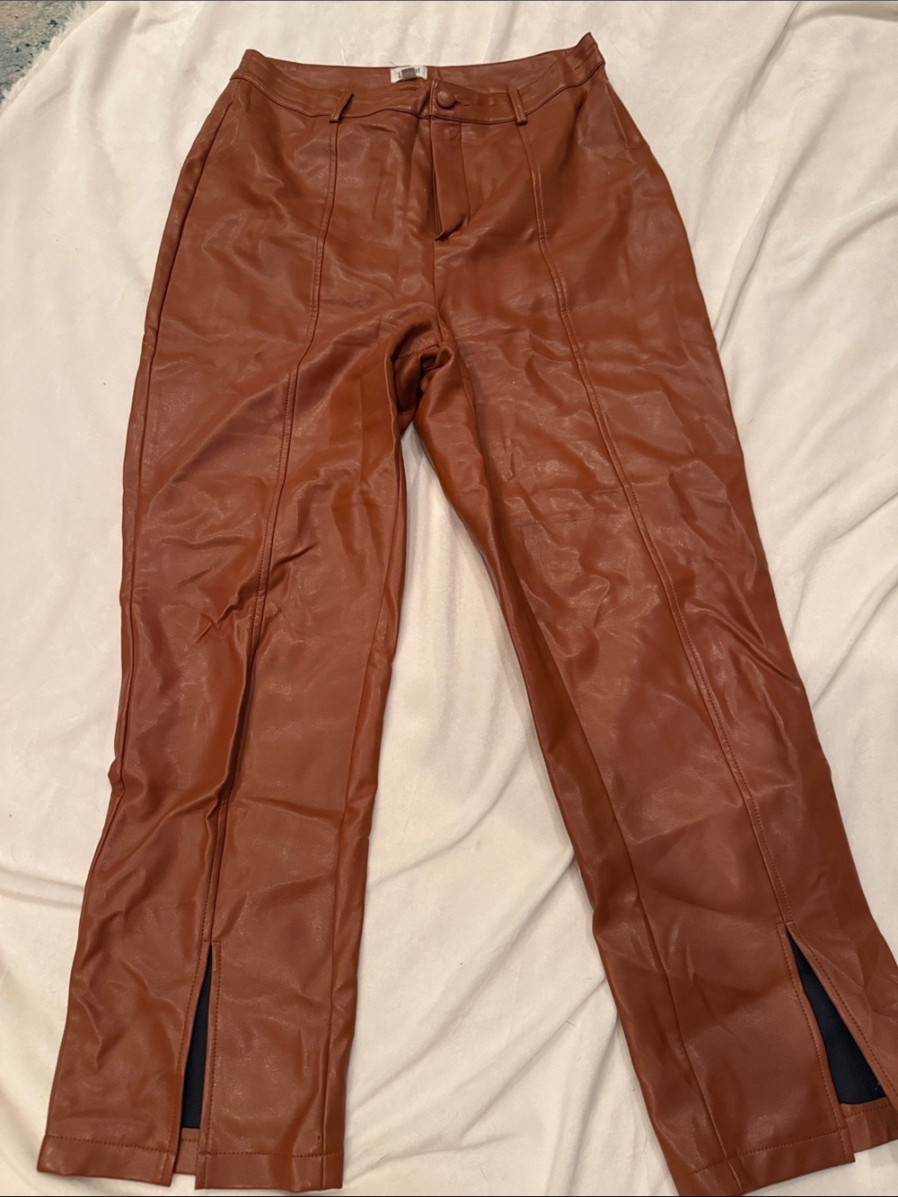 Lane 201 Cognac Brown Faux Leather Straight Leg Pants with slit hem